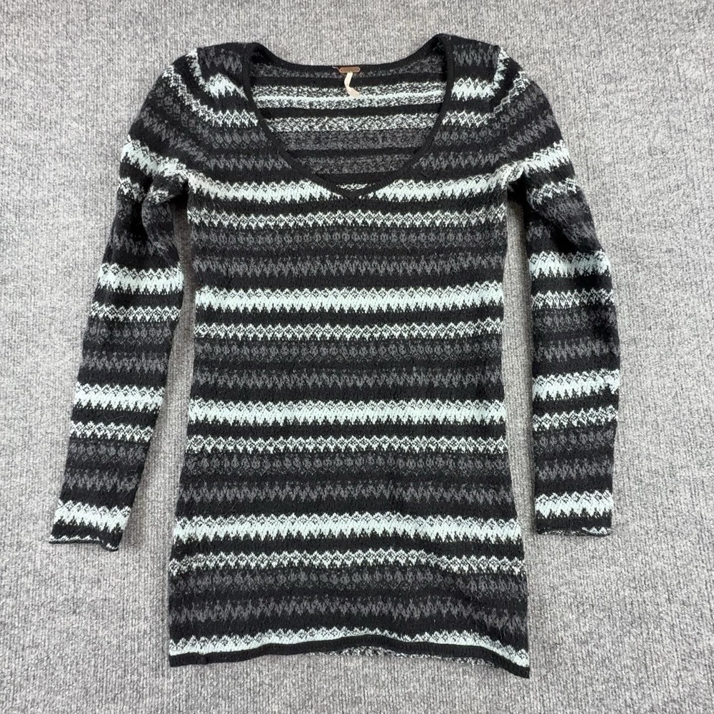 Free People Sweater Womens Small Black Fair Isle V Neck Tunic Knit Long Sleeve
